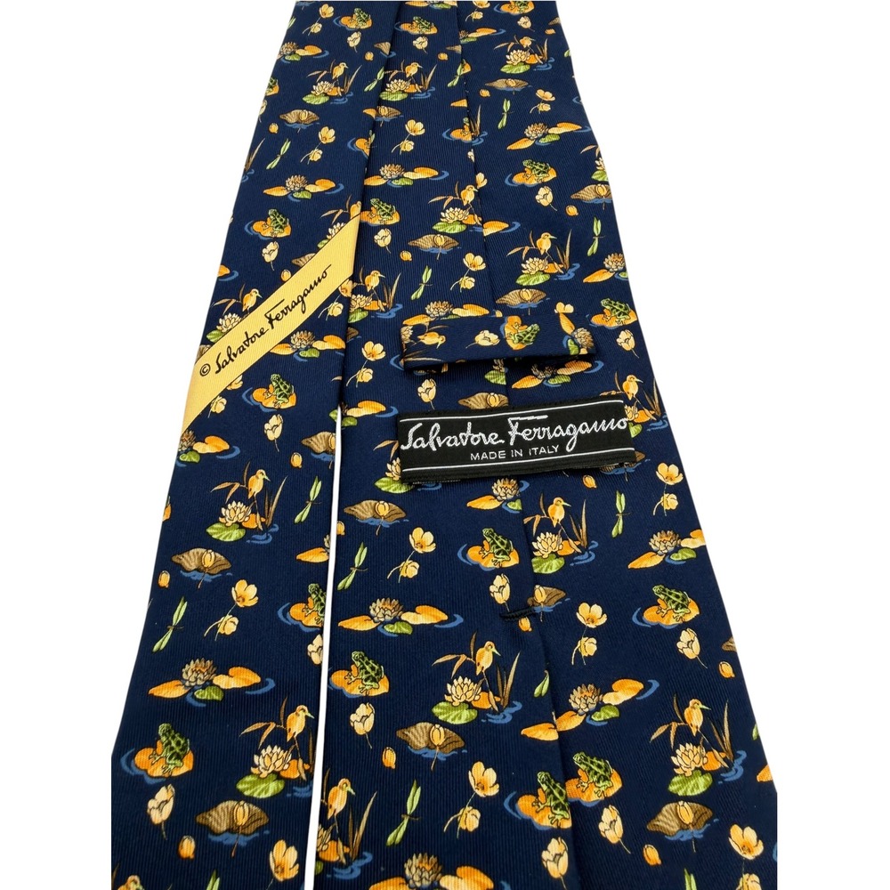 Salvatore Ferragamo Navy Silk Tie Frog Bird Water Lily Pond Print Made in Italy
